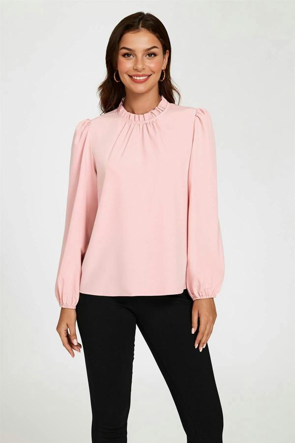 FS Collection Floral Print Frill Detail High Neck Top In Pink