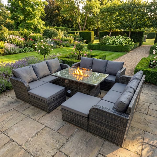 Fimous Rattan Outdoor Furniture Set with Gas Fire Pit Table, 3 Sofas & 2 Large Stools - Dark Grey Mixed
