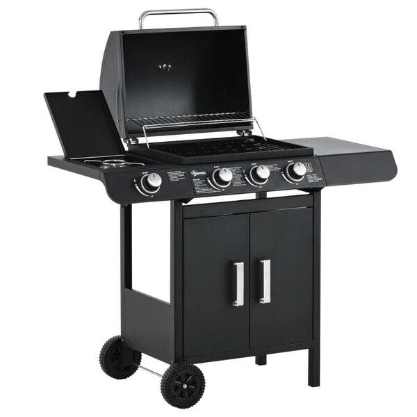 Bobobiy 3+1 Burner Gas BBQ Grill, Outdoor Barbecue Trolley with Wheels, Warming Rack, Side Shelves, Cabinet, Thermometer, 110W x 50D x 100Hcm, Black