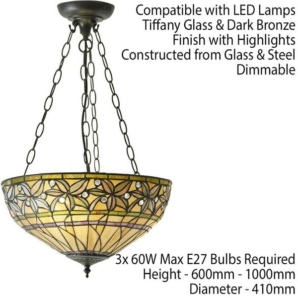 Tiffany Glass Hanging Ceiling Pendant Light Large Bronze Feature Shade i00070 Loops