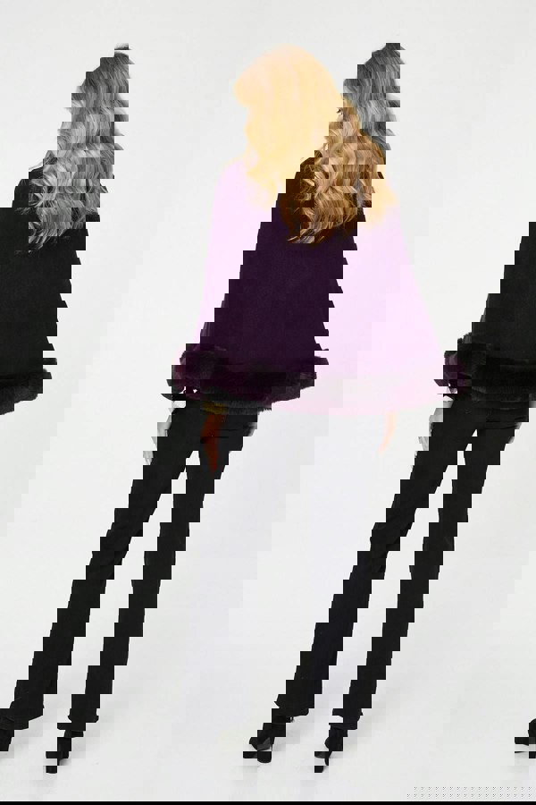 Purple | Faux Fur Trim Batwing Poncho
