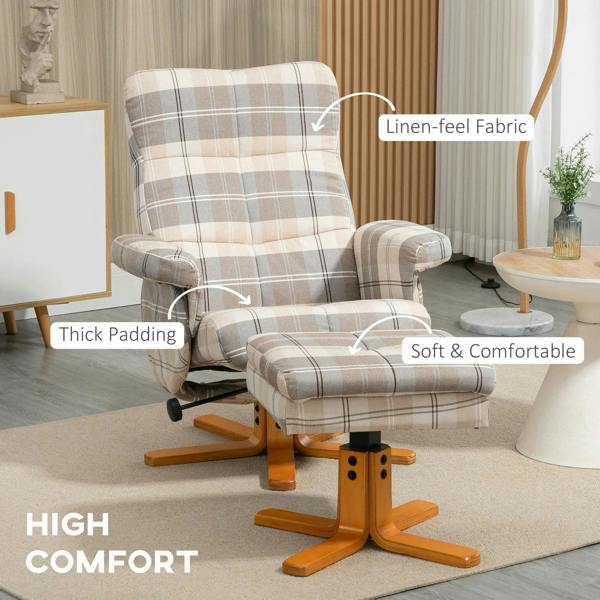 Swivel recliner chair with linen-feel plaid upholstery, thick padding, wooden base