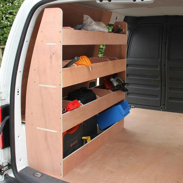 Monster Racking Caddy Transporter Van Rack features sturdy wooden shelves with tools and equipment organized for easy access in a van interior