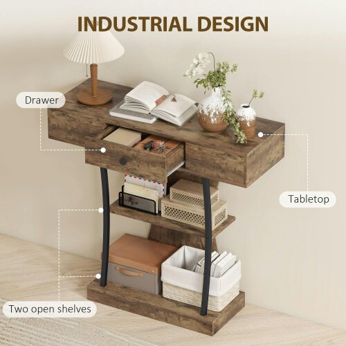 Wyld Haus Rasana Metal And Wooden Rustic Brown 3 Tier Console Table With Drawer And Shelves