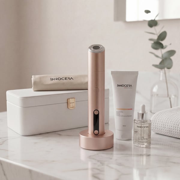 Innocera Max™ skincare device displayed on its charging dock beside the Innocera Conductor Gel, Radiance Anti-Ageing Serum, storage case and branded travel pouch in a soft bathroom setting.