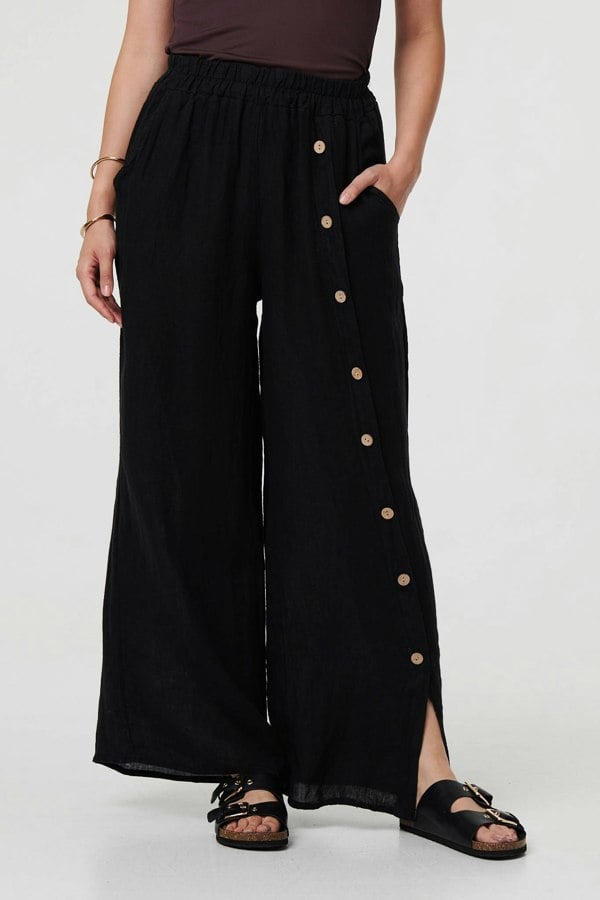 Black | Button Detail Wide High Waist Trousers

