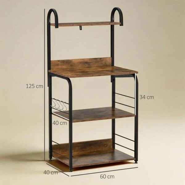 4-Tier Baker's Rack, Microwave Stand with 4 Hooks, Kitchen Storage Unit for Spices, Pots and Pans, Rustic Brown