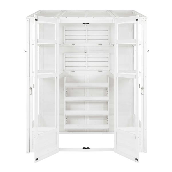 Victorian-style white greenhouse with double doors, wooden shelves, and slatted design, ideal for plants and gardening storage