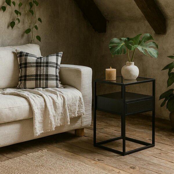 Wyld Haus Wrenna Black Bedside Table Glass Top