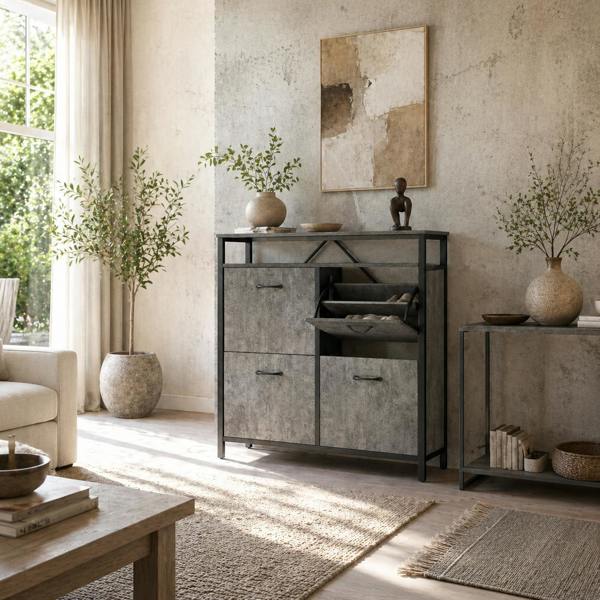 Wyld Haus Verala Wooden Cement Effect Grey Shoe Cabinet With 4 Flip Drawers And Shelf