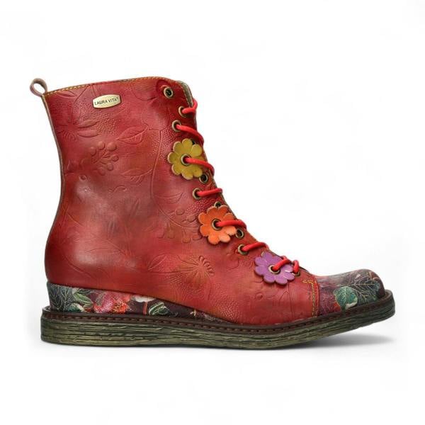 Laura Vita Ercnaulto 212 Red Floral Womens Gothic Victorian Leather Lace-Up Ankle Heeled Boots