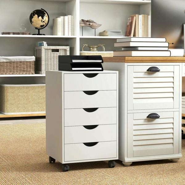 White rolling filing cabinet with five drawers, black pulls, and caster feet