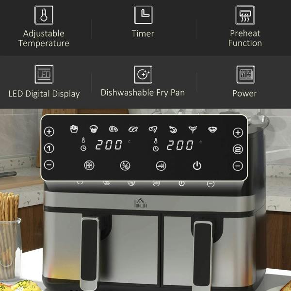 Dual-basket air fryer front view with LED digital display and feature icons