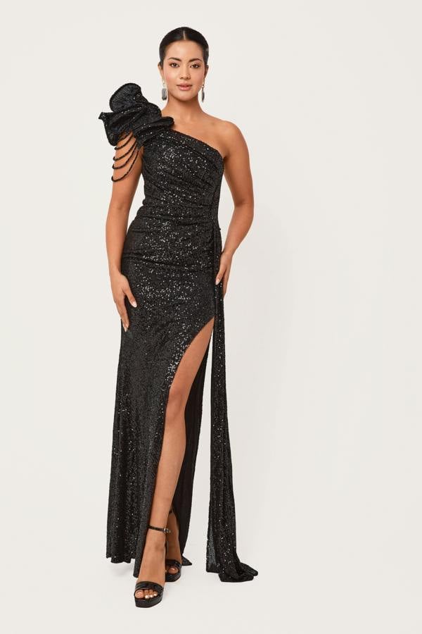 LuvForever Mira - Black One Shoulder Sequin Maxi Dress