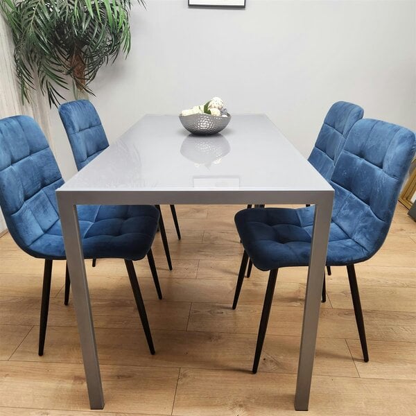 Kosy Koala Dining Table and 4 Blue Velvet Chairs Grey Glass Table 4 Velvet Chairs  Dining Room Furniture