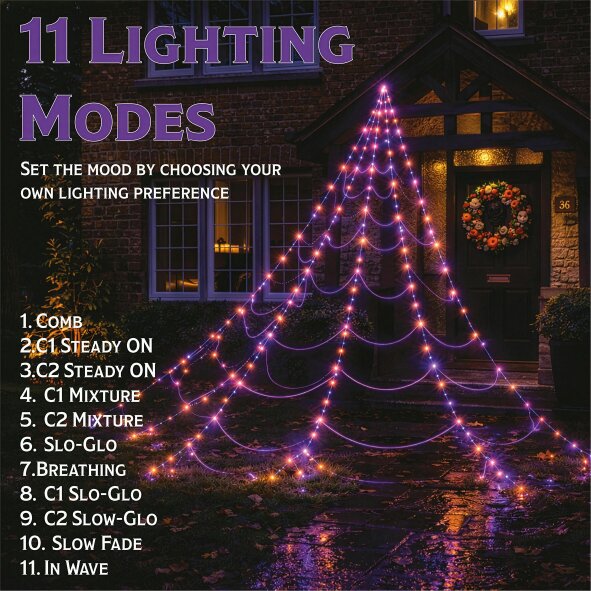 Scotts of Stow Fxlab Orange and Purple LED Spider Web Lights Outdoor with Hooks Stakes and Timer