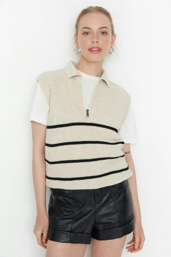 WOVCOR Zippered Striped Polo Neck Knit Sweater