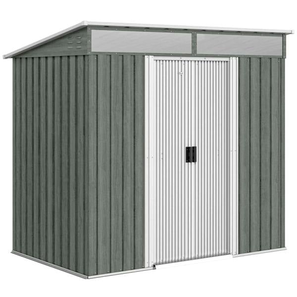 Galvanised metal garden shed with light grey double sliding doors and dark grey panel sides