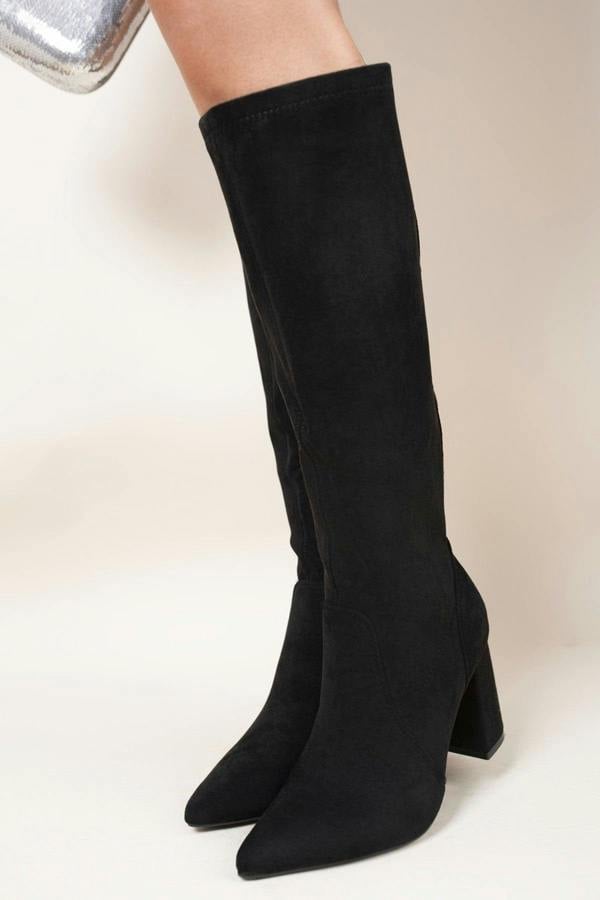 Odina Block Heel Pointed Toe Knee High Boots - Black S