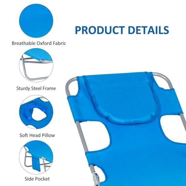 Blue foldable sun lounger with breathable fabric, steel frame, padded headrest and side pocket