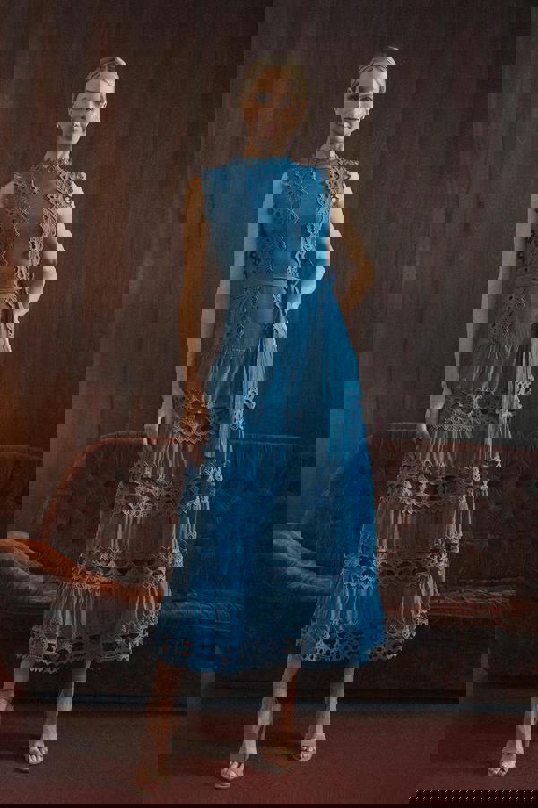 Blue | Lace Layer Sleeveless Tie Maxi Dress : Model is 5'10"/178 cm and wears UK10/EU38/US6/AUS10