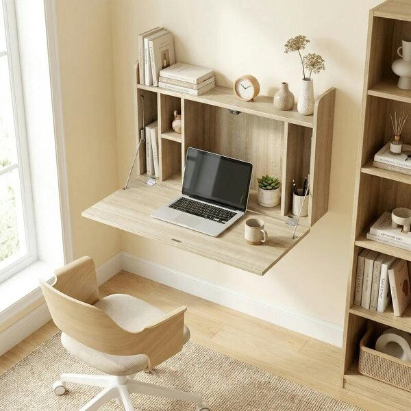 Wall Mounted Desk, Drop Leaf Floating Laptop Desk with Space Saving Storage Compartments for Home Office, Oak - Oak