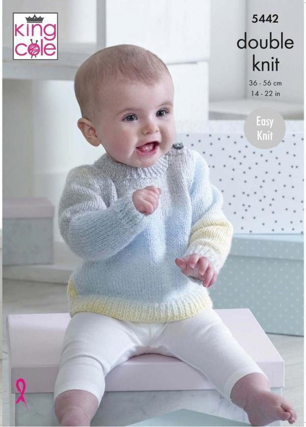 King Cole Melody DK Knitting Pattern 5442, Sweaters, Cardigans for Baby, 14 - 22 Inches - Easy