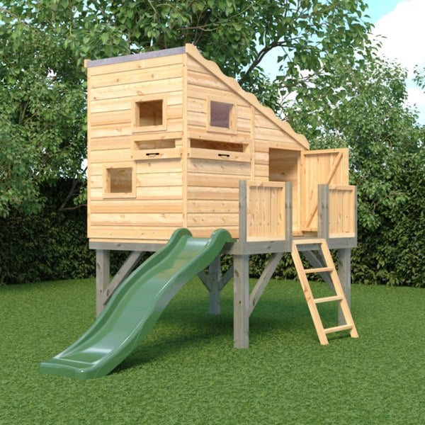 Shire Command post on platform with Slide 6x4 Childrens Playhouse with 12mm Shiplap interlocking cladding