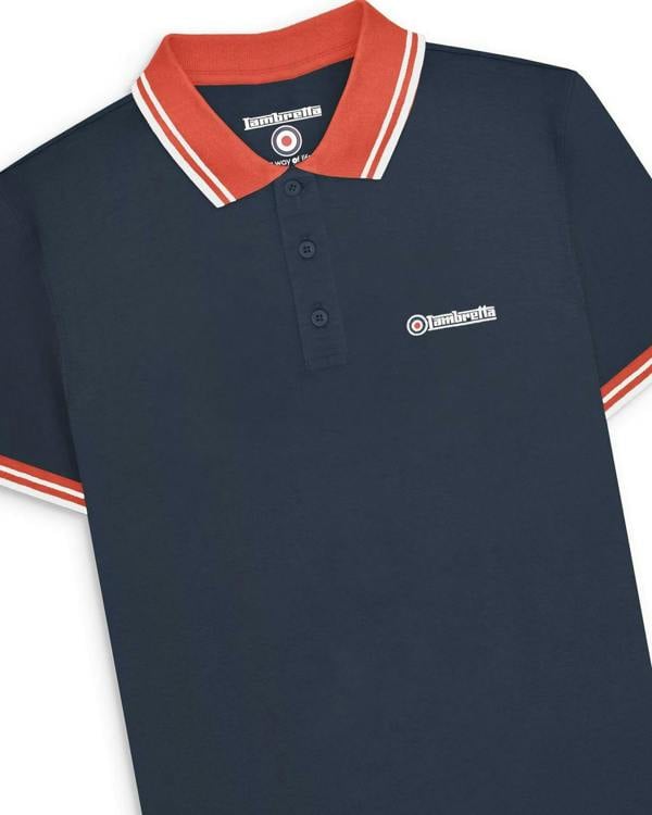 Lambretta Contrast Tipped Mens Mod Ska Casual Polo, navy blue polo shirt with red and white contrast tipped collar and sleeves, embroidered Lambretta logo on the chest.