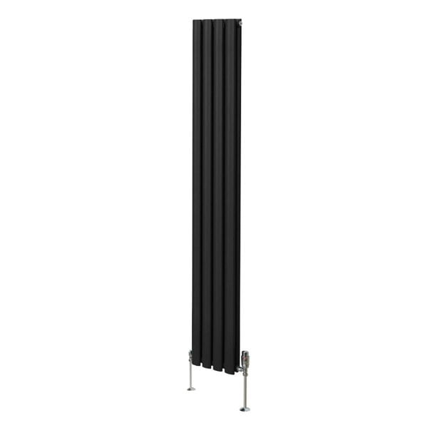 Sleek black oval column radiator measuring 1800mm x 240mm, featuring smooth vertical panels and stylish valve fittings