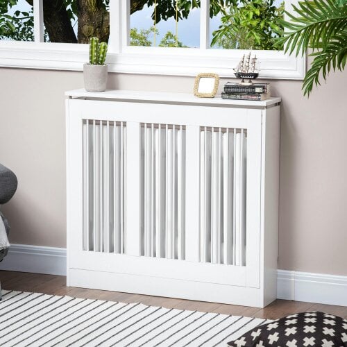 HOMCOM Radiator Cover Vertical Slatted MDF Steel for Heat Circulation White