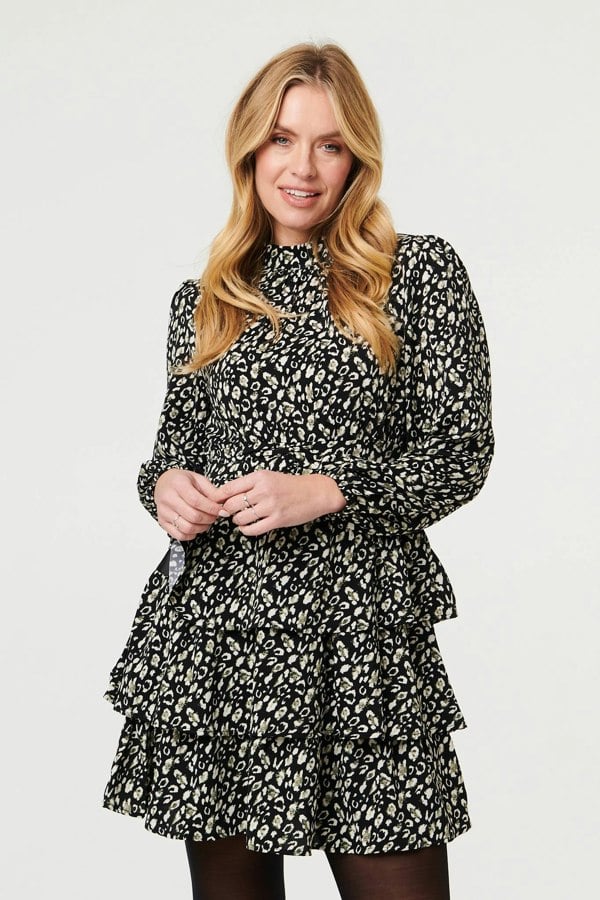 Black | Animal Print High Neck Short Dress
