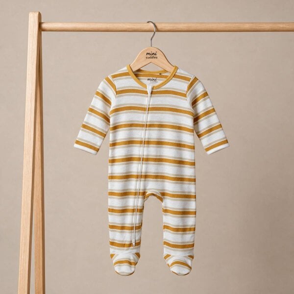 Mini Cuddles Striped Sleepsuit (Mustard & White)