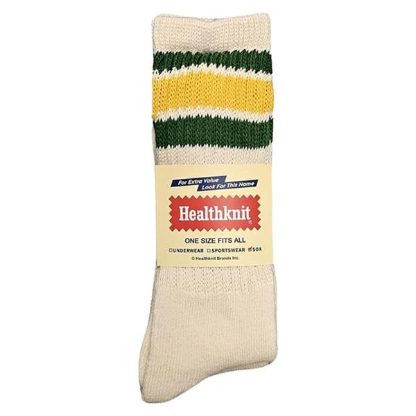 Front packaged view of Healthknit 3 Pack Socks for Men in Off White/Multi Stripe