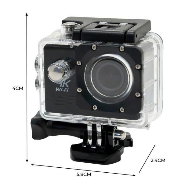 Compact 4K action camera with waterproof housing, featuring a clear lens, mounting bracket, and Wi-Fi capability for versatile use