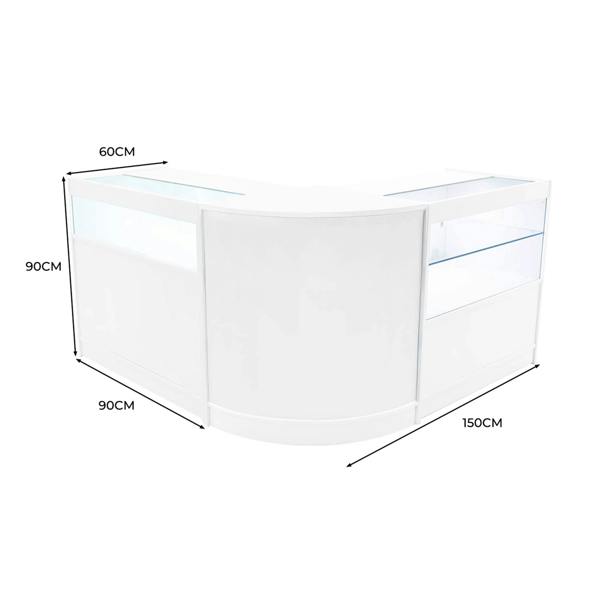 Curved white Adonis LED shop counter set featuring glass display sections, sleek design, and dimensions of 150cm x 90cm x 60cm
