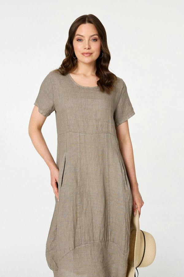 Brown | Short Sleeve Oversized Midi Shift Dress