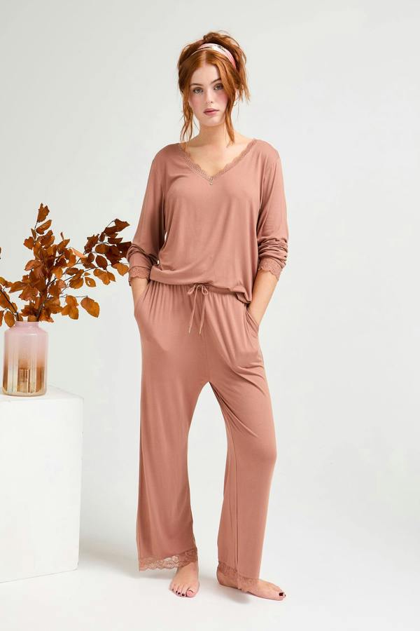 Bamboo Lace V-Neck Pyjama Set in Mocha - Pajamas