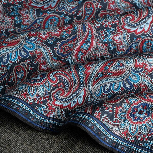Otway & Orford 'Cypress' paisley silk pocket square in red & blue (42 x 42cm)