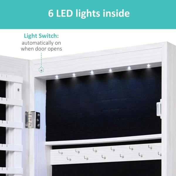 White jewelry cabinet interior with LED lights along top and open earring hook row.