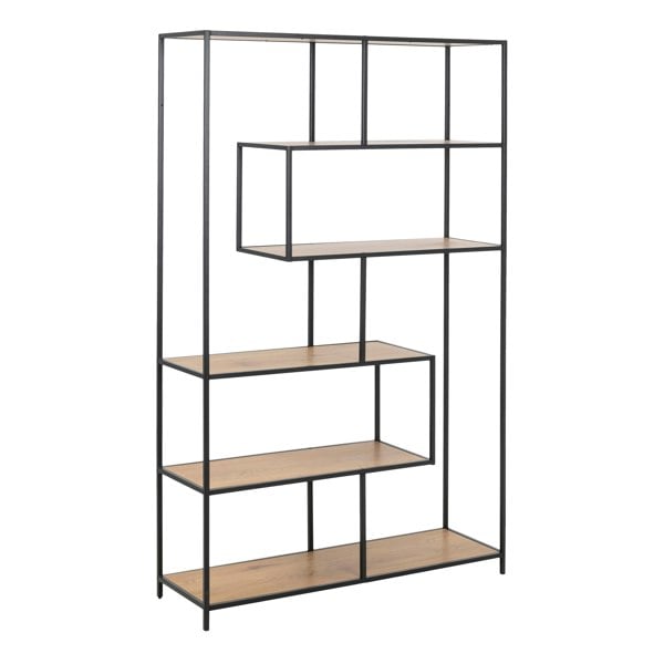 Furniture To Go Seaford Black Metal Large Asymmetrical Bookcase with 5 Oak Shelves