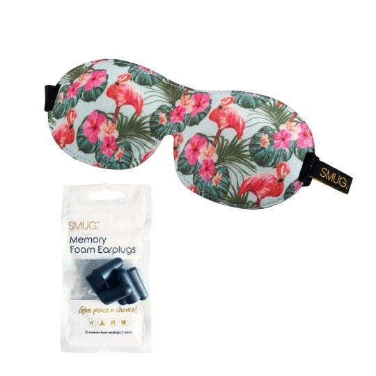 SMUG Contoured 3D Blackout Sleep Mask - Flamingo Print - Sleep Mask & Black Earplugs