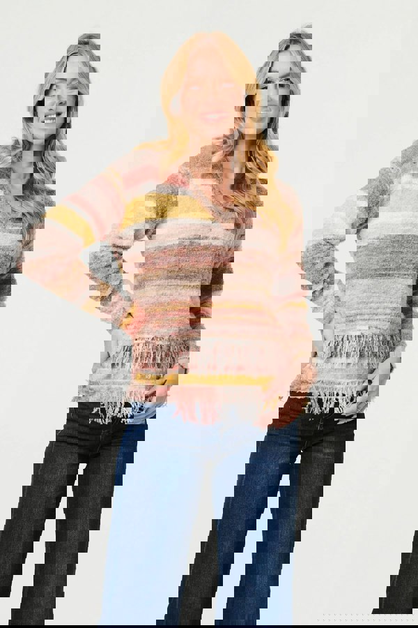 Pink | Striped Texture Tassel Hem Crop Jumper
