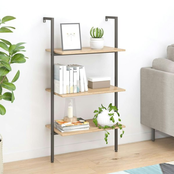 Berkfield 3-Tier Leaning Shelf Light Brown and Black 64x35x120.5 cm