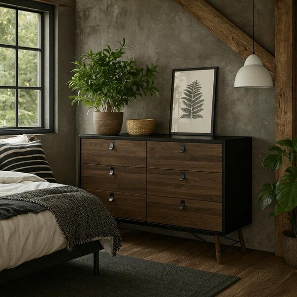 Wyld Haus Juno Black and Walnut Wood Wide Double Chest of 6 Drawers