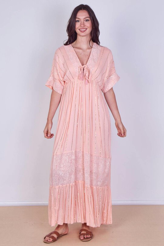 Boho Sequin Swirl Embroidered Maxi Dress - Peach Pink