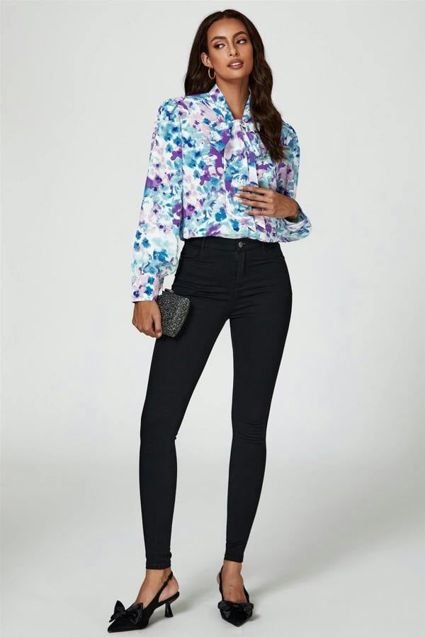 FS Collection Abstract Floral Print Tie Detail long sleeve Blouse Top In Blue