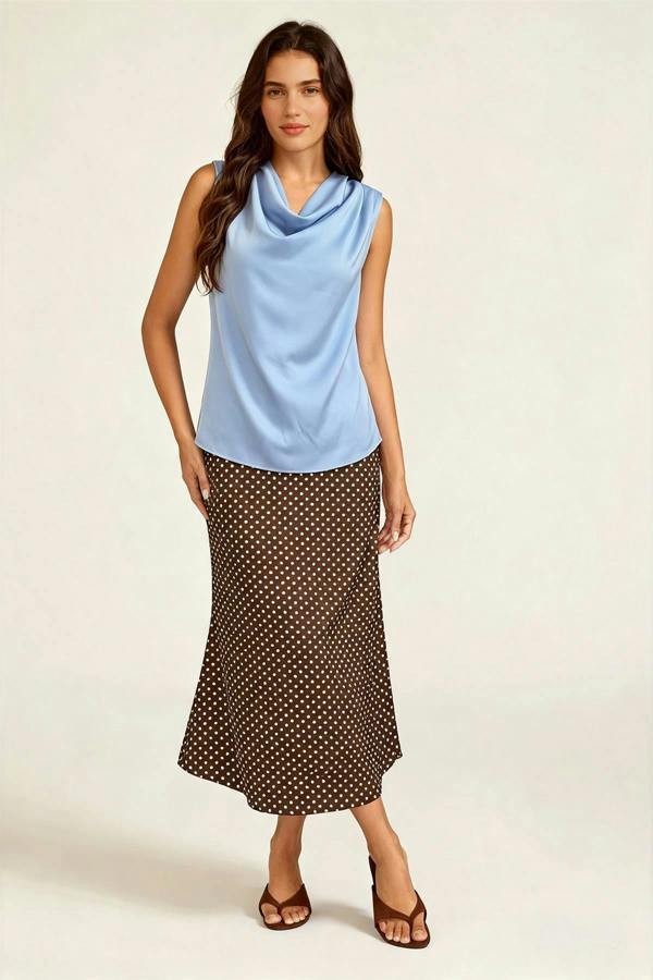 FS Collection Satin Cowl Neck Sleeveless Top In Dusty Blue