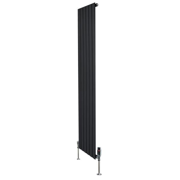 Flat single column radiator in sleek black finish, measuring 1800mm x 420mm, featuring modern vertical design and valves