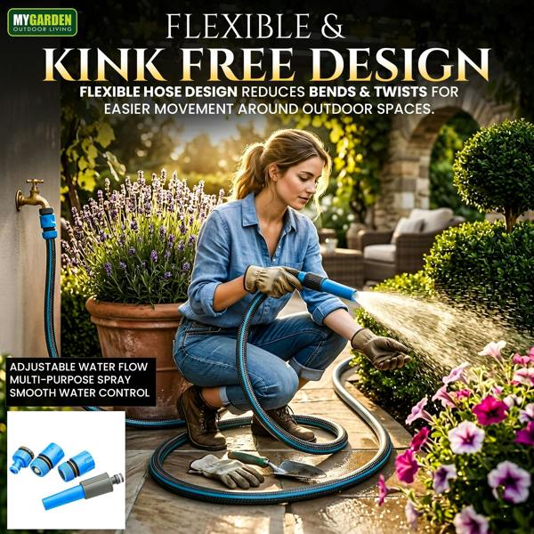 My Garden Outdoor Living Hose Pipe Anti Kink Hosepipe Inc 4 Connectors - 11.3mm Dia - Durable Triple Layer Water Hose with Spray Nozzle